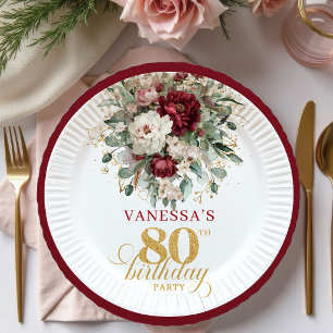 Assiettes En Carton Papier Bohème Marsala Floral Or 80e Anniversaire  