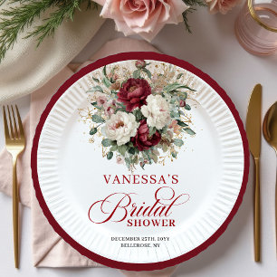 Assiettes En Carton Papier Classique Bordeaux Floral Doré pour Mariage