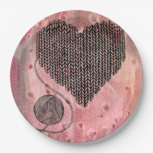 Assiettes En Carton Papier Coeur de Laine Tricoté Pastel Rose Aquarell