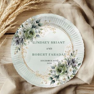 Assiettes En Carton Papier de mariage aquarelle eucalyptus Or Vert 