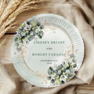 Assiettes En Carton Papier de mariage botanique vert blanc aquarelle