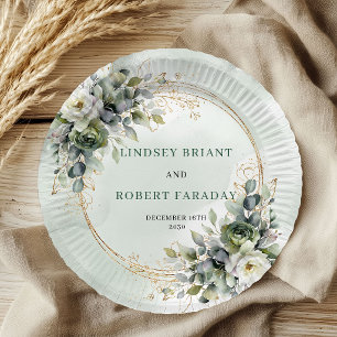 Assiettes En Carton Papier de mariage botanique vert poussiéreux aquar