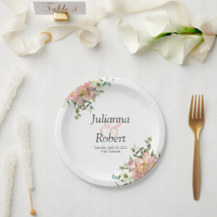 Assiettes En Carton Papier de mariage floral aquarelle rose et coquill