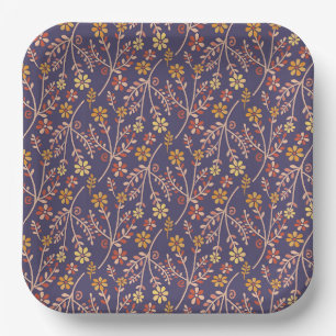 Assiettes En Carton papier de style vintage couleur bleu motif botaniq
