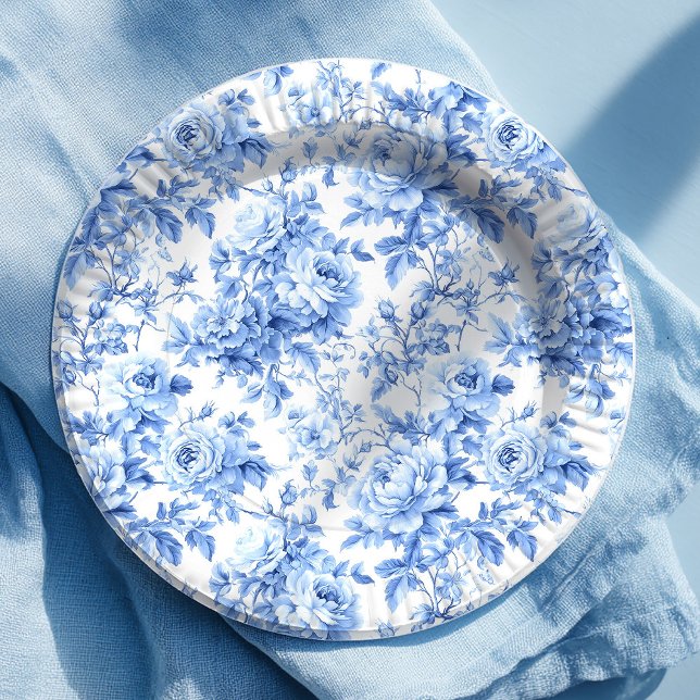 Assiettes En Carton Papier floral à motif toile bleue grandmillennial  (Grandmillennial Blue Toile Roses Floral Paper Plates)