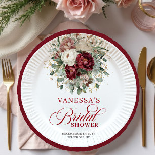 Assiettes En Carton Papier floral de couleur Bourgogne doré pour une f