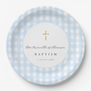 Assiettes En Carton Papier gingham bleu pour baptême de bébé garçon