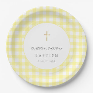 Assiettes En Carton Papier gingham jaune pour baptême de bébé
