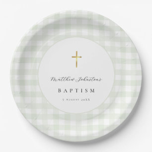 Assiettes En Carton Papier gingham vert pour baptême de bébé