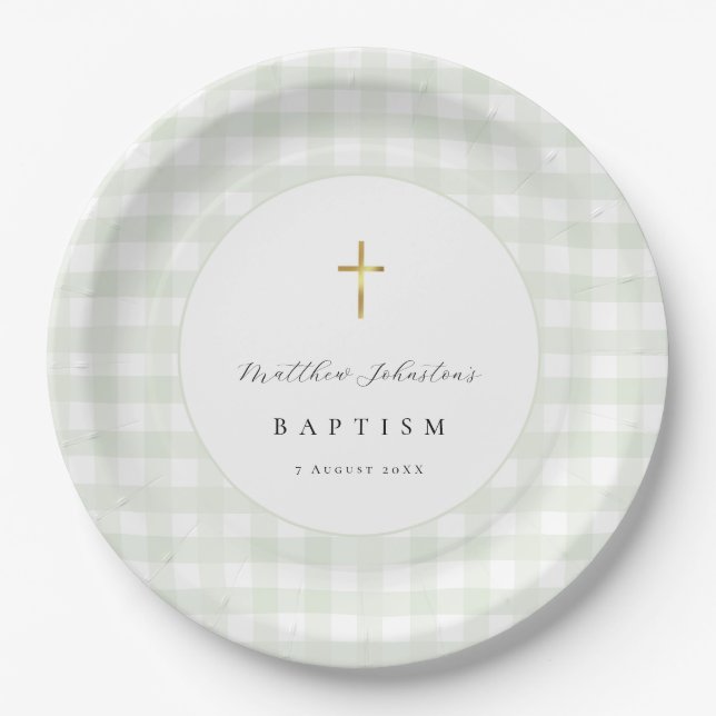 Assiettes En Carton Papier gingham vert pour baptême de bébé  (Devant)
