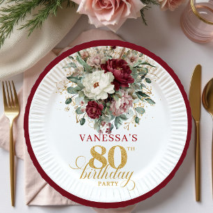 Assiettes En Carton Papier Luxe Bohème Bordeaux Fleurs Or 80e Annivers