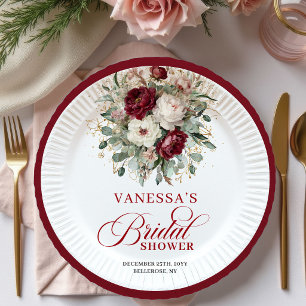Assiettes En Carton Papier Luxueux Fleurs Rouge Profond Or pour Récept