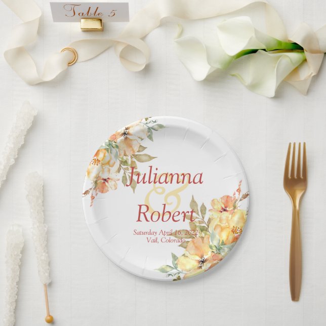 Assiettes En Carton Papier mariage à aquarelle orange et jaune (Mariage)