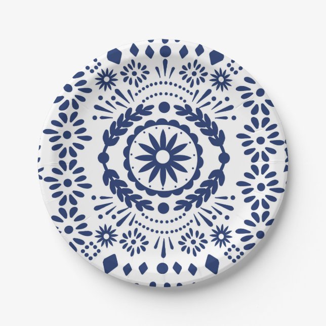 Assiettes En Carton Papier mexicain Picado Marine Bleu (Devant)