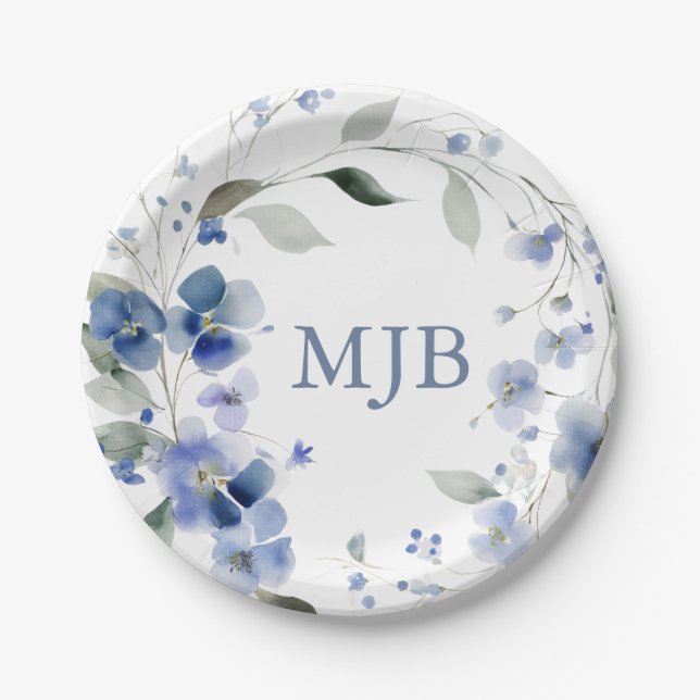 Assiettes En Carton Papier Monogrammé Floral Élégant Bleu (Devant)