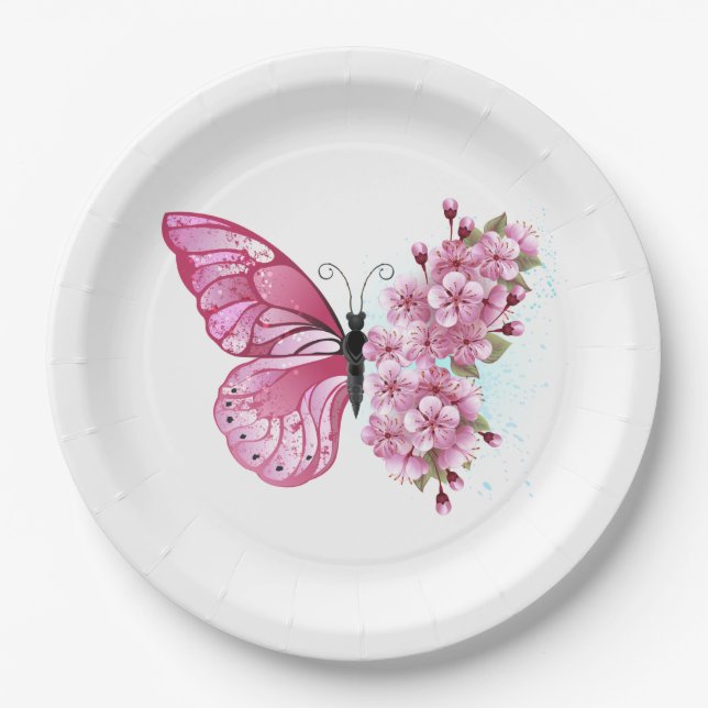 Assiettes En Carton Papillon à fleurs avec Sakura rose (Devant)