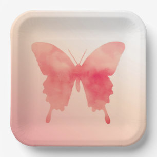 Assiettes En Carton Papillon aquarelle - Corail et Pêche
