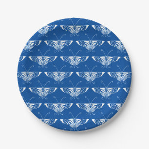 Assiettes En Carton Papillon Art déco stylisé, bleu cobalt et blanc