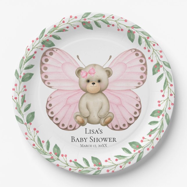 Assiettes En Carton Papillon Bear Bear Douche rose | Plaques de papier (Devant)
