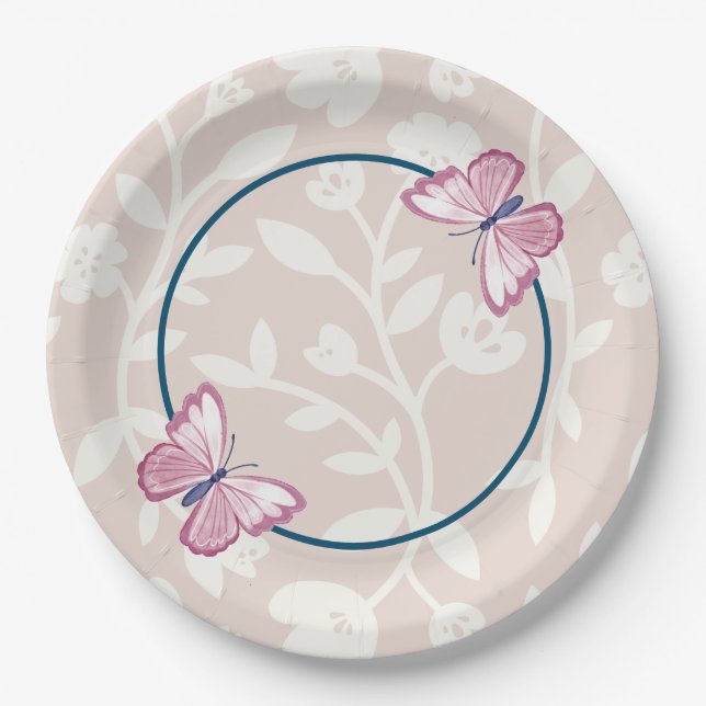 Assiettes En Carton papillon bleu marine rose floral (Devant)