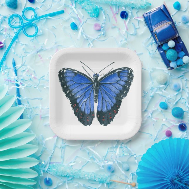 Assiettes En Carton Papillon bleu Morpho aquarelle peinture (Fête)