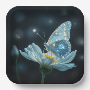 Assiettes En Carton Papillon bleu sur une fleur de lune