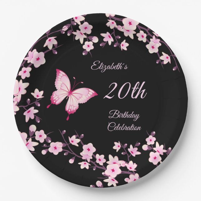 Assiettes En Carton Papillon Cerise Blossoms Rose Noir Personnalisable (Devant)