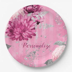 Assiettes En Carton Papillon de Parties scintillant en argent Roses ro