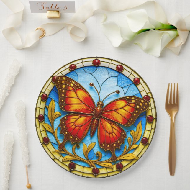 Assiettes En Carton Papillon de vitrail (Mariage)