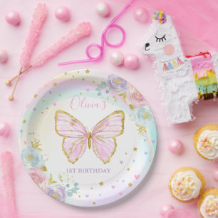 Assiettes En Carton Papillon fête d'anniversaire rose papillon floral