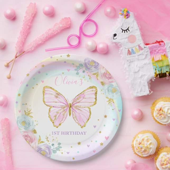Assiettes En Carton Papillon fête d'anniversaire rose papillon floral (Fête)