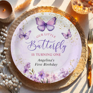 Assiettes En Carton Papillon floral pourpre et or 1er anniversaire