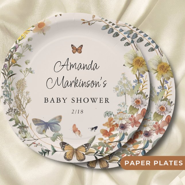 Assiettes En Carton Papillon floral rustique Baby shower neutre genre (Créateur téléchargé)