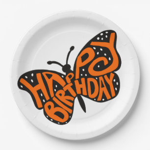 Assiettes En Carton Papillon Monarque Noir et Orange Joyeux Anniversai