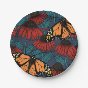 Assiettes En Carton Papillon monarque sur des fleurs rouges