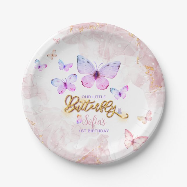 Assiettes En Carton Papillon premier anniversaire fille 1er rose viole (Devant)