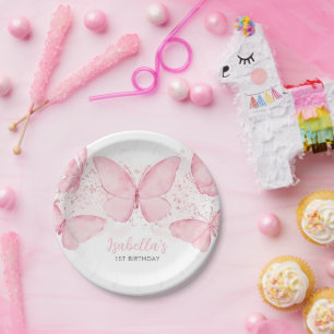 Assiettes En Carton Papillon rose Fille 1er Anniversaire Plaque papier