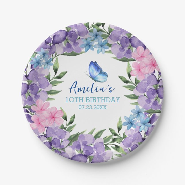 Assiettes En Carton Papillon rose floral Girl Anniversaire vaisselle (Devant)