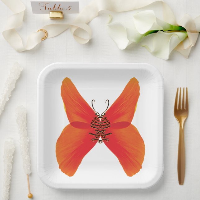 Assiettes En Carton Papillon rouge orange avec votre nom (Mariage)
