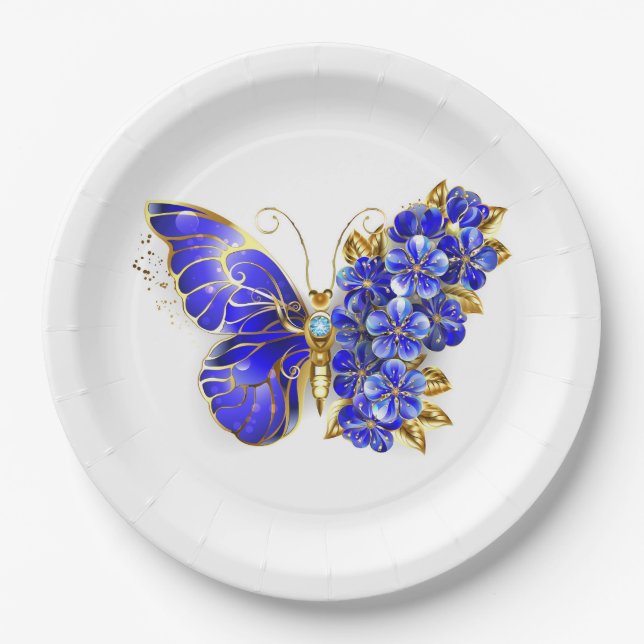 Assiettes En Carton Papillon saphir à fleurs (Devant)