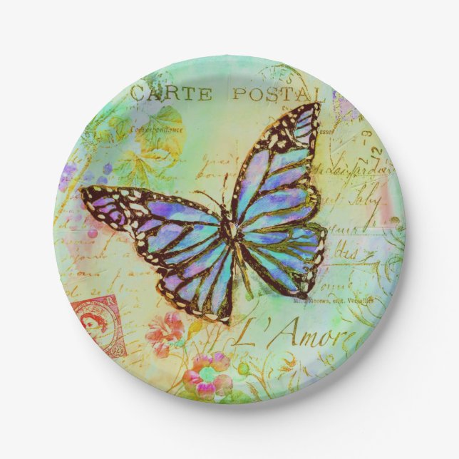 Assiettes En Carton Papillon sarcelle et violet  (Devant)