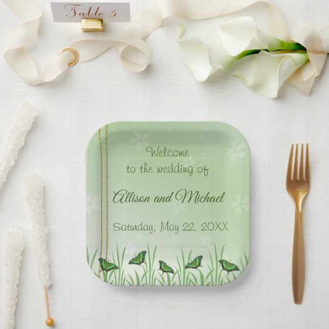 Assiettes En Carton Papillon vert sur vert clair - mariage (Mariage)