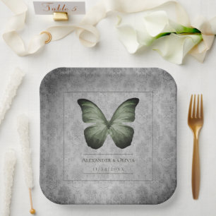 Assiettes En Carton Papillon Vintage vert Mariage damassé