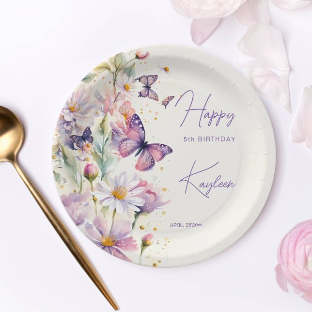 Assiettes En Carton Papillons anniversaire lavande violet imprimé (Butterflies birthday party tableware enchanted garden lavender purple printed paper plates)