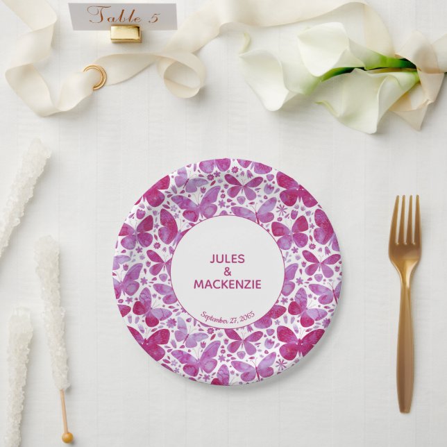 Assiettes En Carton Papillons Aquarelle moderne Magenta Mariage rose (Mariage)