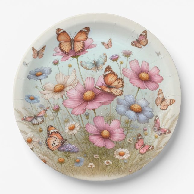 Assiettes En Carton Papillons bouillants sur Fleurs sur plaque ronde (Devant)
