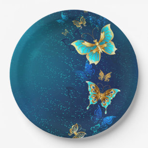 Assiettes En Carton Papillons d'or sur un Arrière - plan bleu