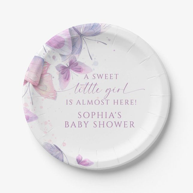 Assiettes En Carton Papillons doux petit Baby shower fille (Devant)