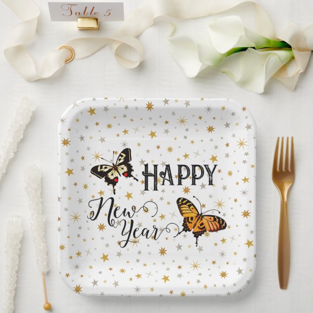Assiettes En Carton Papillons Élégants & Étoiles Blanc Bonne année (Mariage)