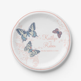 Assiettes En Carton Papillons encrés corail blanc art mariage